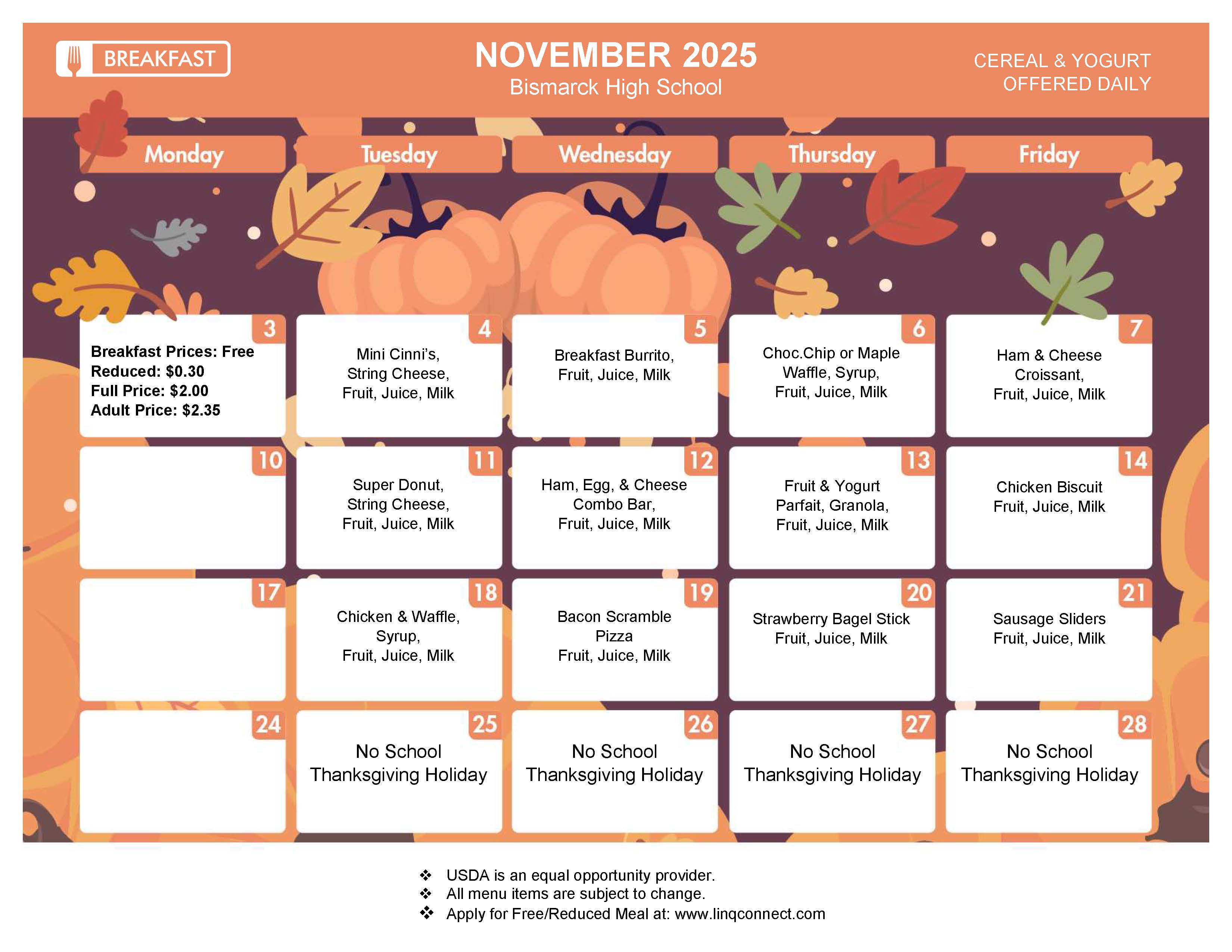 November 2025 BHS Breakfast Menu
